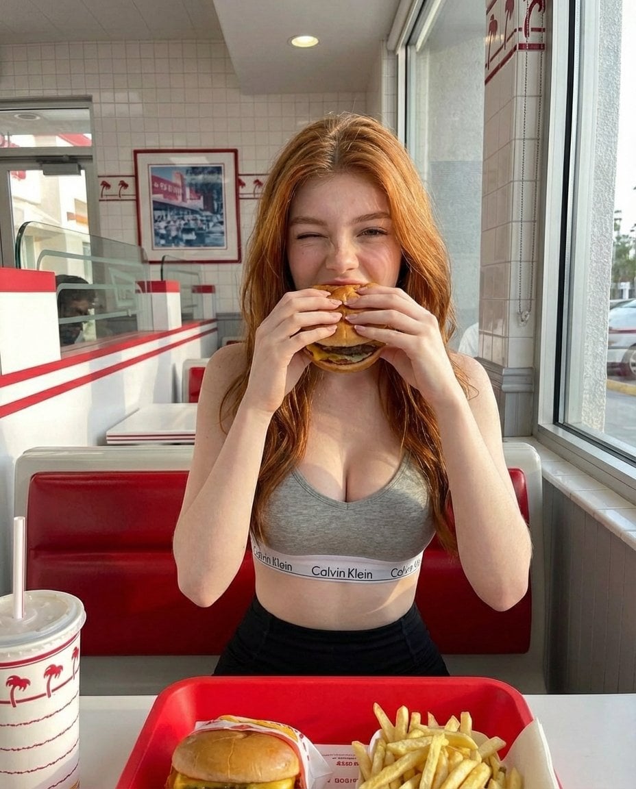 Woman Eating Cheeseburger in Retro Diner — image 2