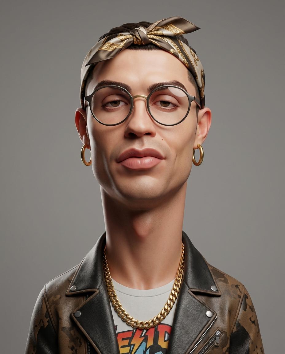 Exaggerated stylized 3D caricature character portrait with strong