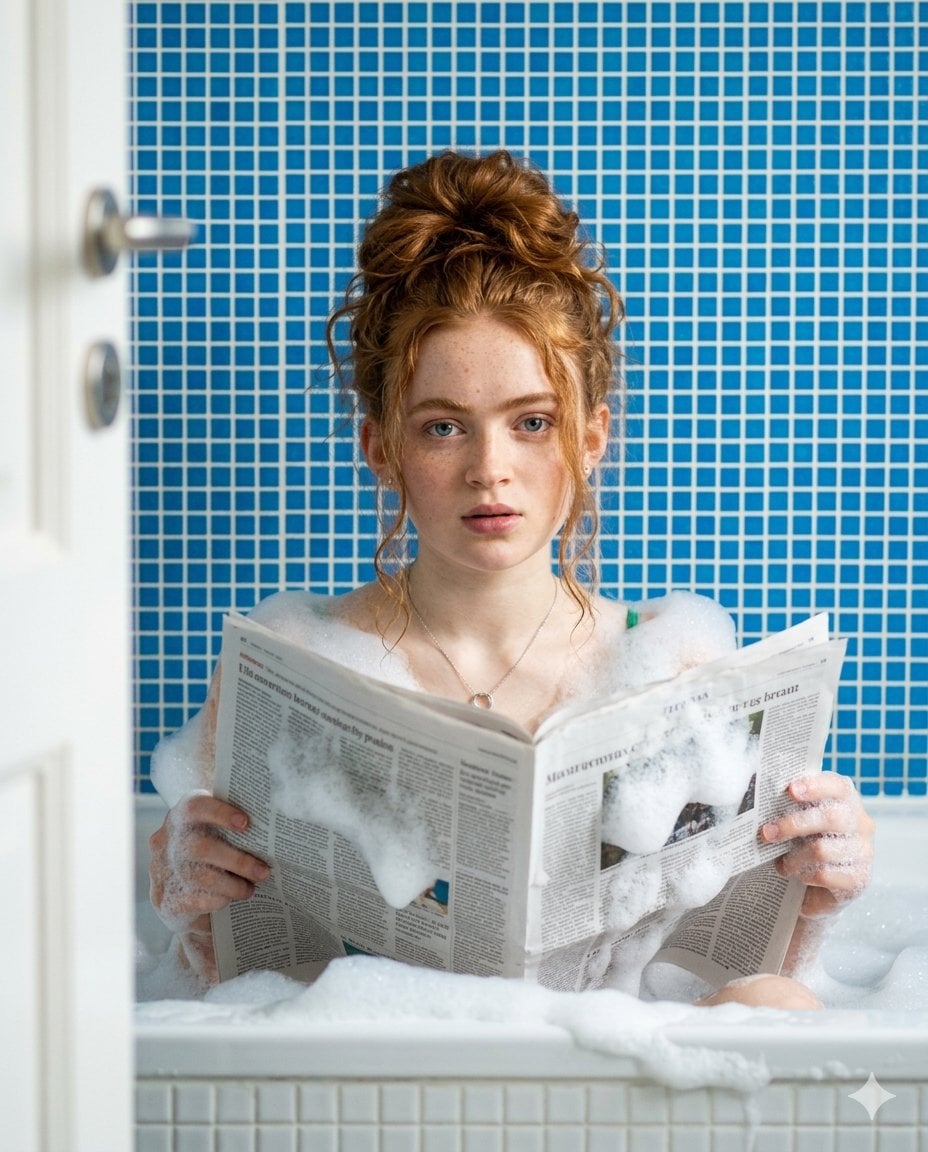 Actress in Foam-Filled Bathtub with Newspaper — image 3