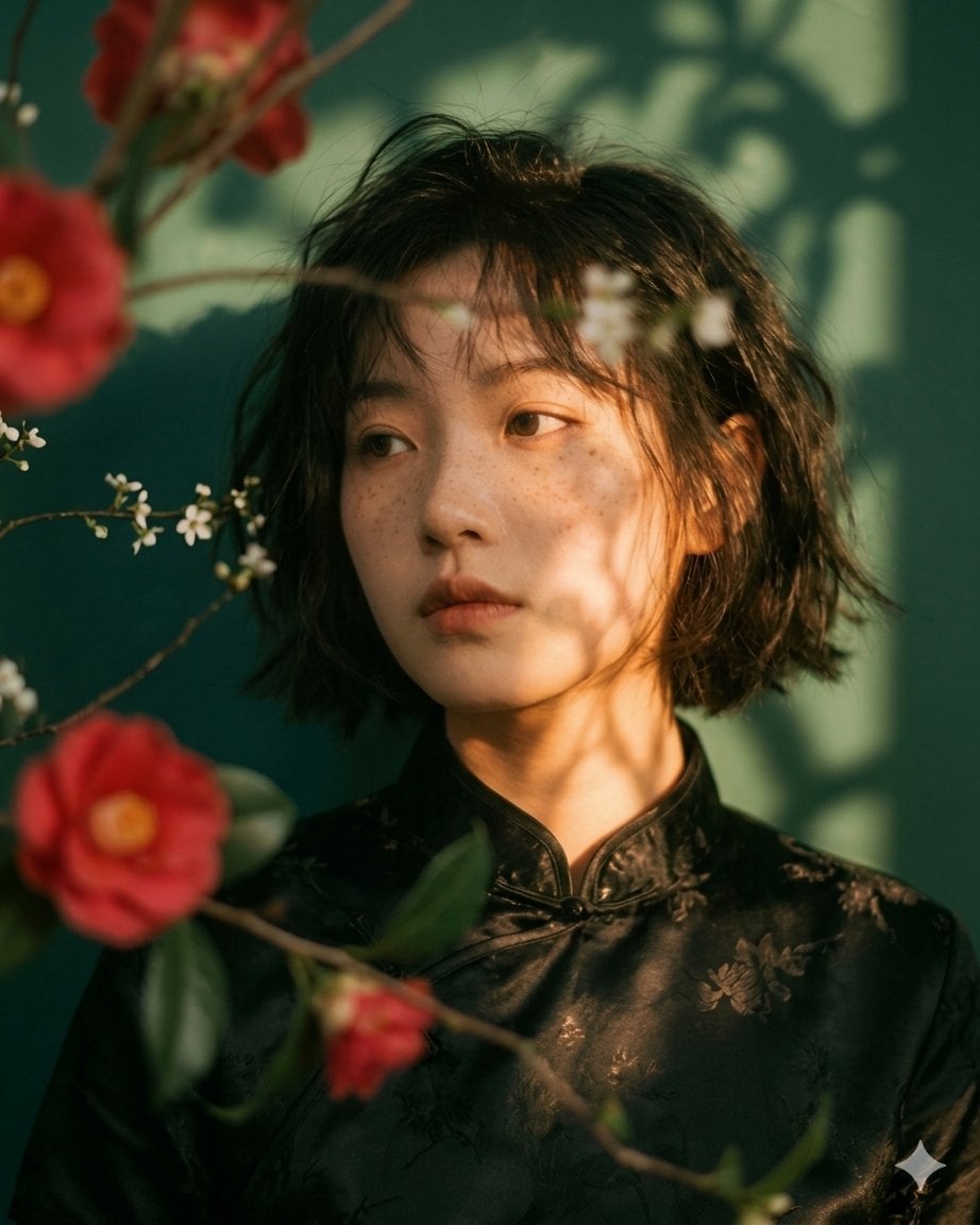 Elegant Woman in Silk Cheongsam Among Camellias — image 2
