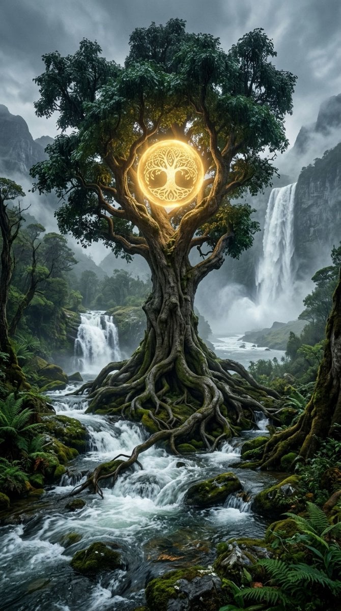 Mystical Tree with Glowing Orb and Waterfall — image 2