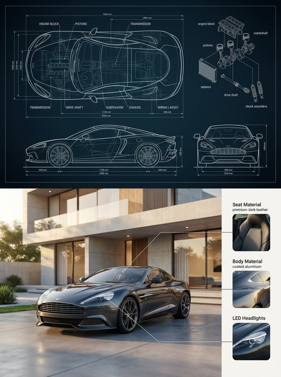 Automotive Blueprint and Car Material Breakdown
