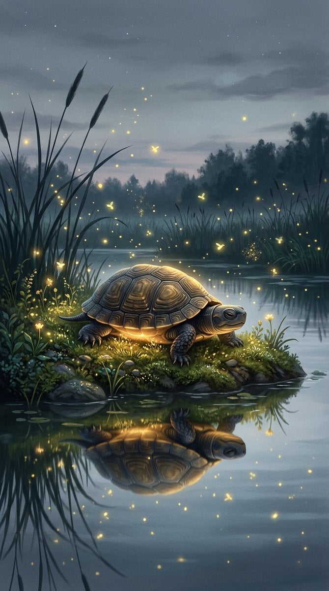 Twilight Turtle on Riverbank with Fireflies — image 2