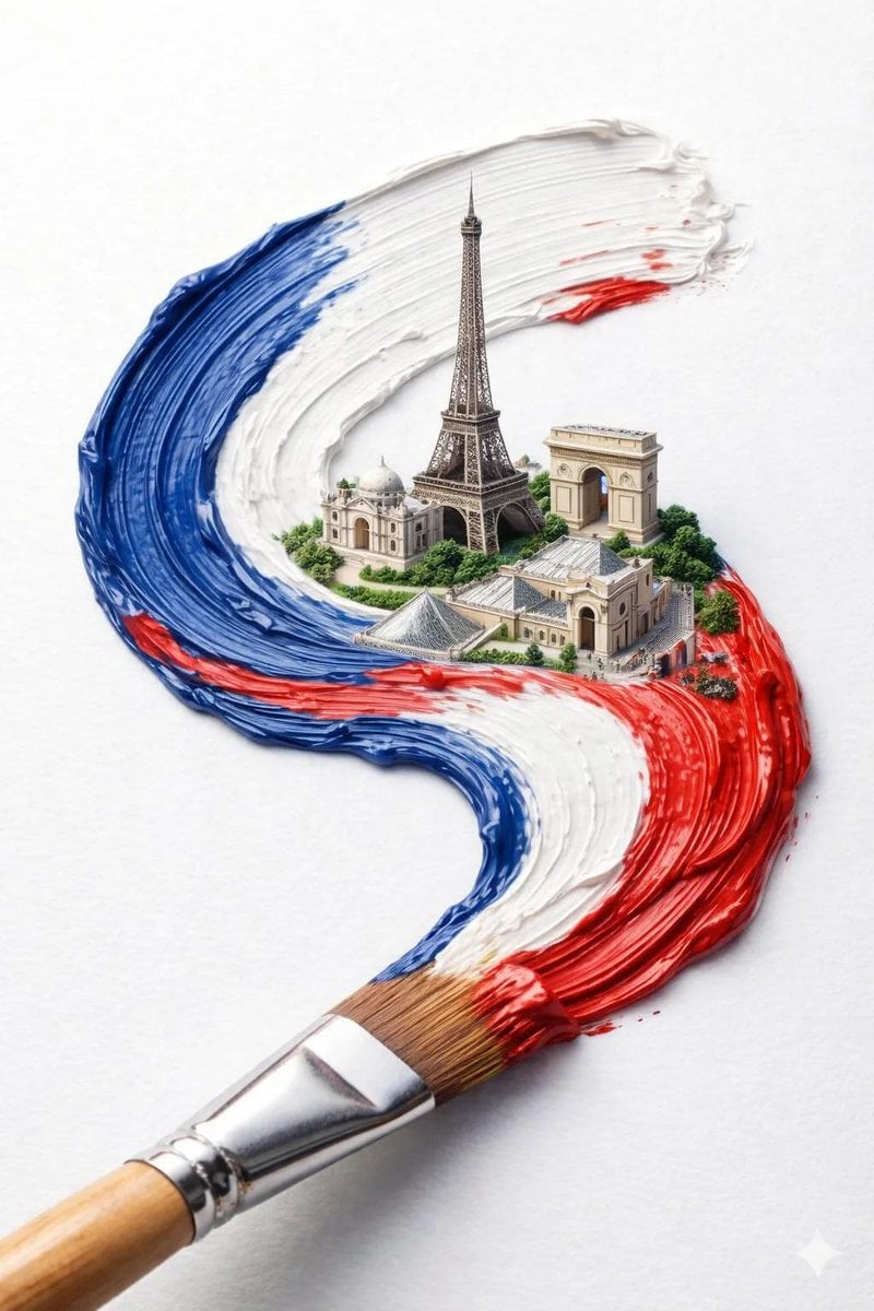 Paintbrush Creates Textured Country Flag with Cityscape