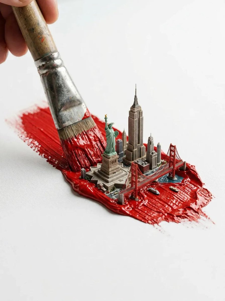 Paintbrush Creates Textured Country Flag with Cityscape — image 2