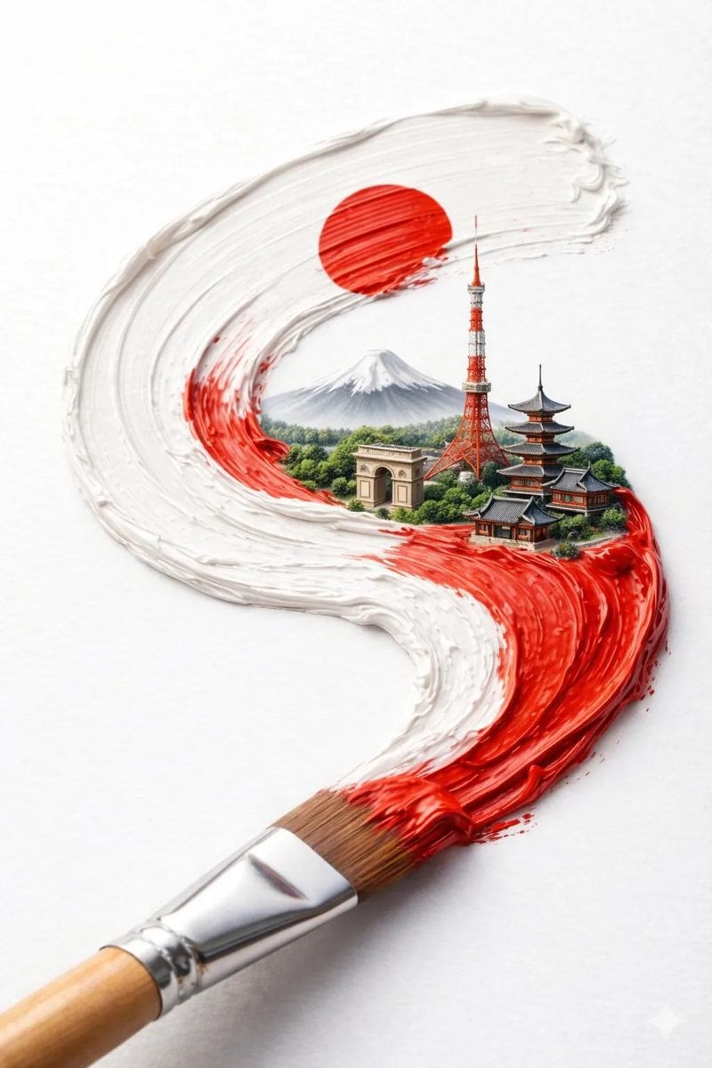 Paintbrush Creates Textured Country Flag with Cityscape — image 3