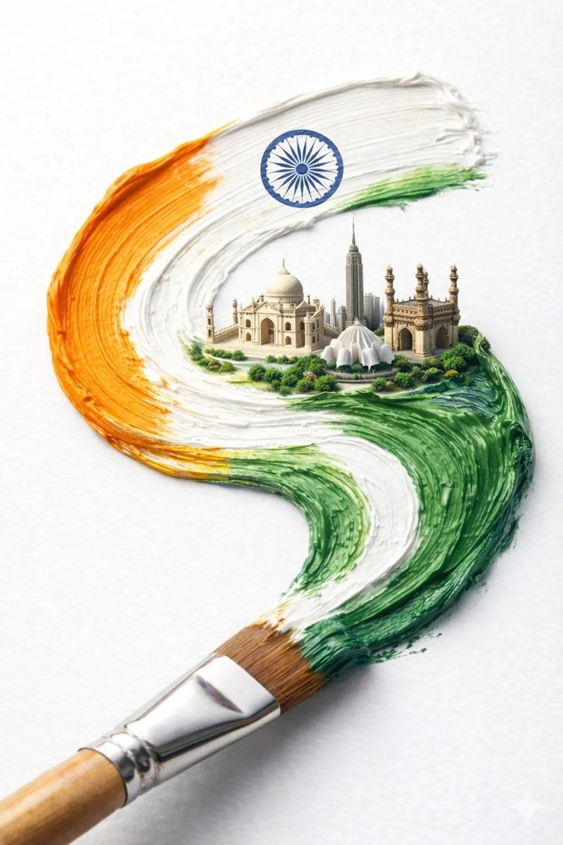 Paintbrush Creates Textured Country Flag with Cityscape — image 4
