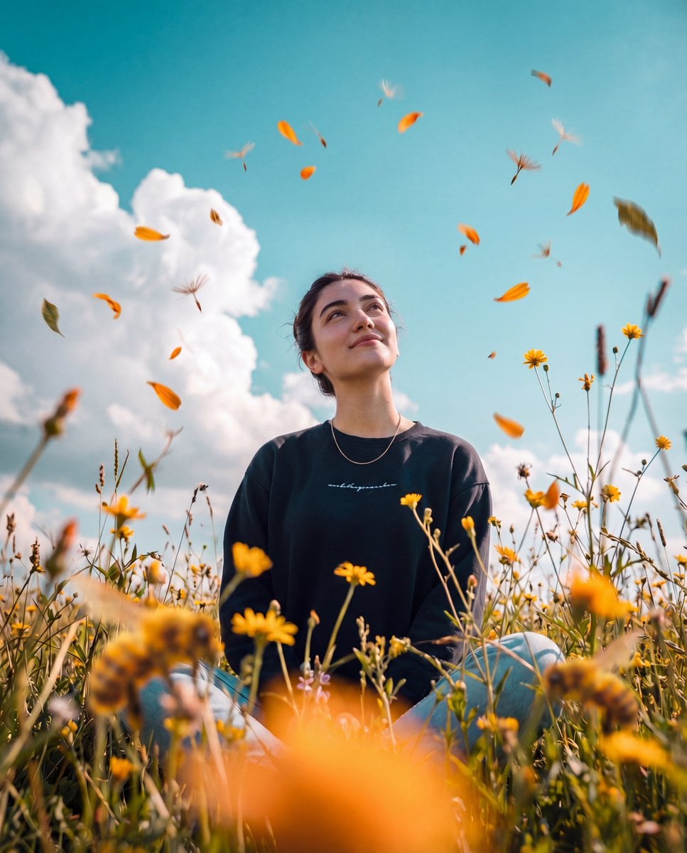 Young Woman in Floral Meadow, Worm's-Eye View — image 2