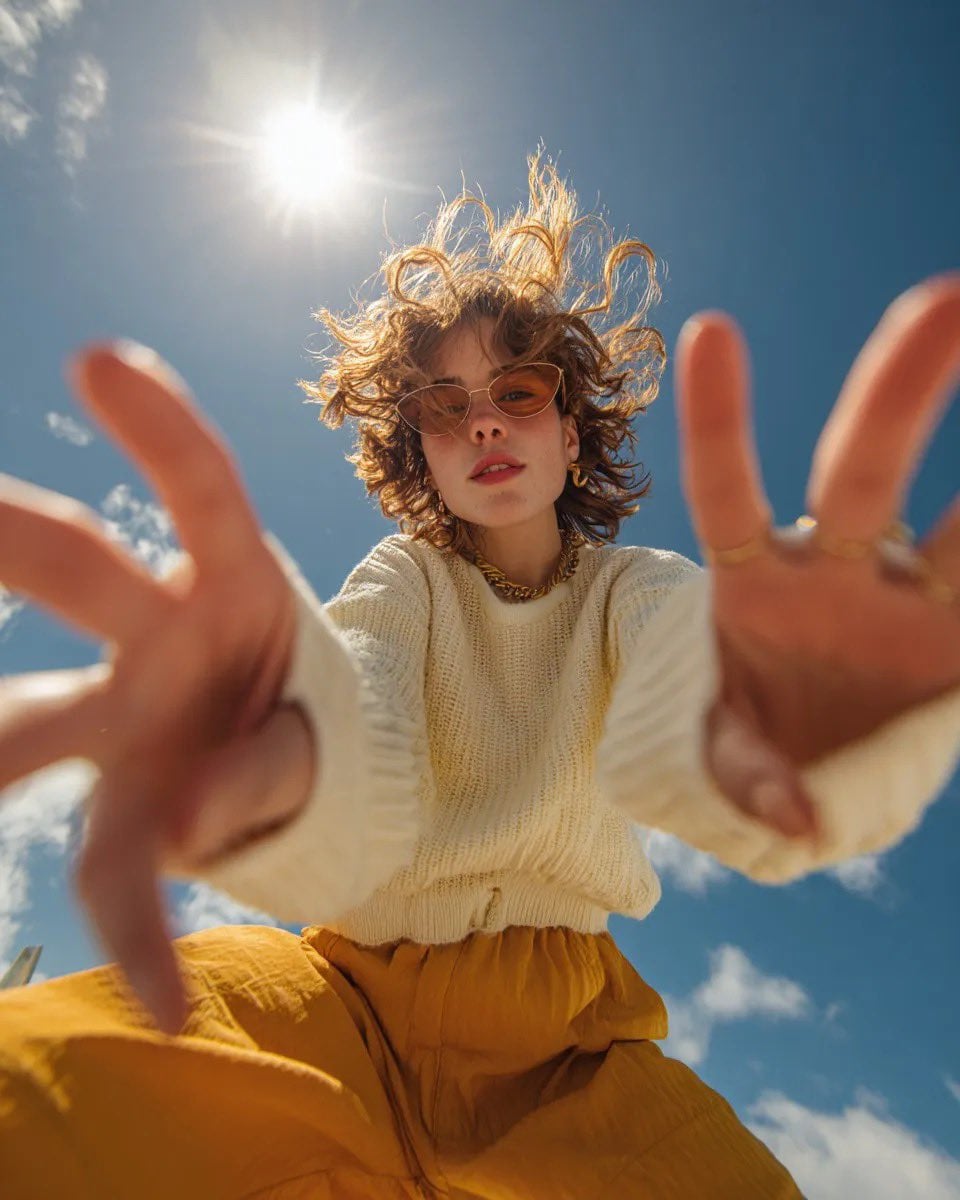 Woman Leaning Towards Camera in Sunlit Fashion Shoot — image 2