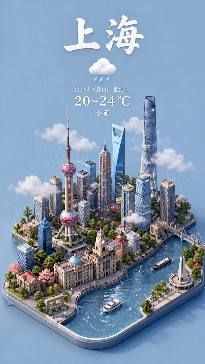 Isometric Shanghai Cityscape with Weather Details