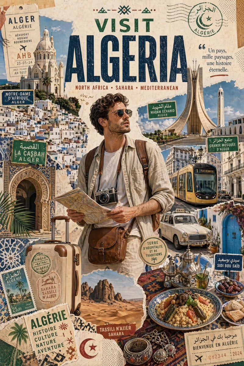 Algeria Travel Poster Featuring Stylish Tourist
